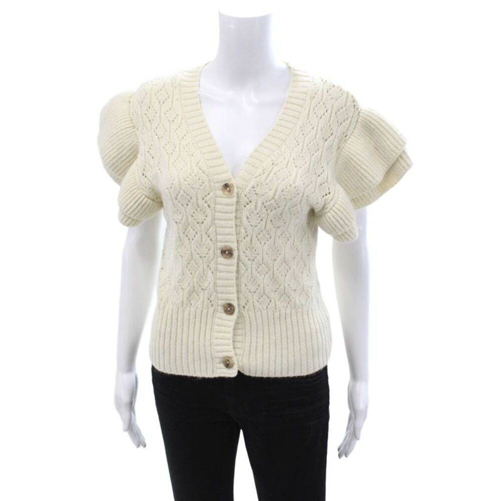 Habitual Womens Cardigan V-Neck Button Short Sleeve Beige Size XS